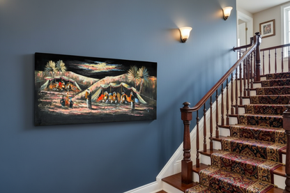 Bedouin Desert Camp painting displayed in elegant staircase interior setting