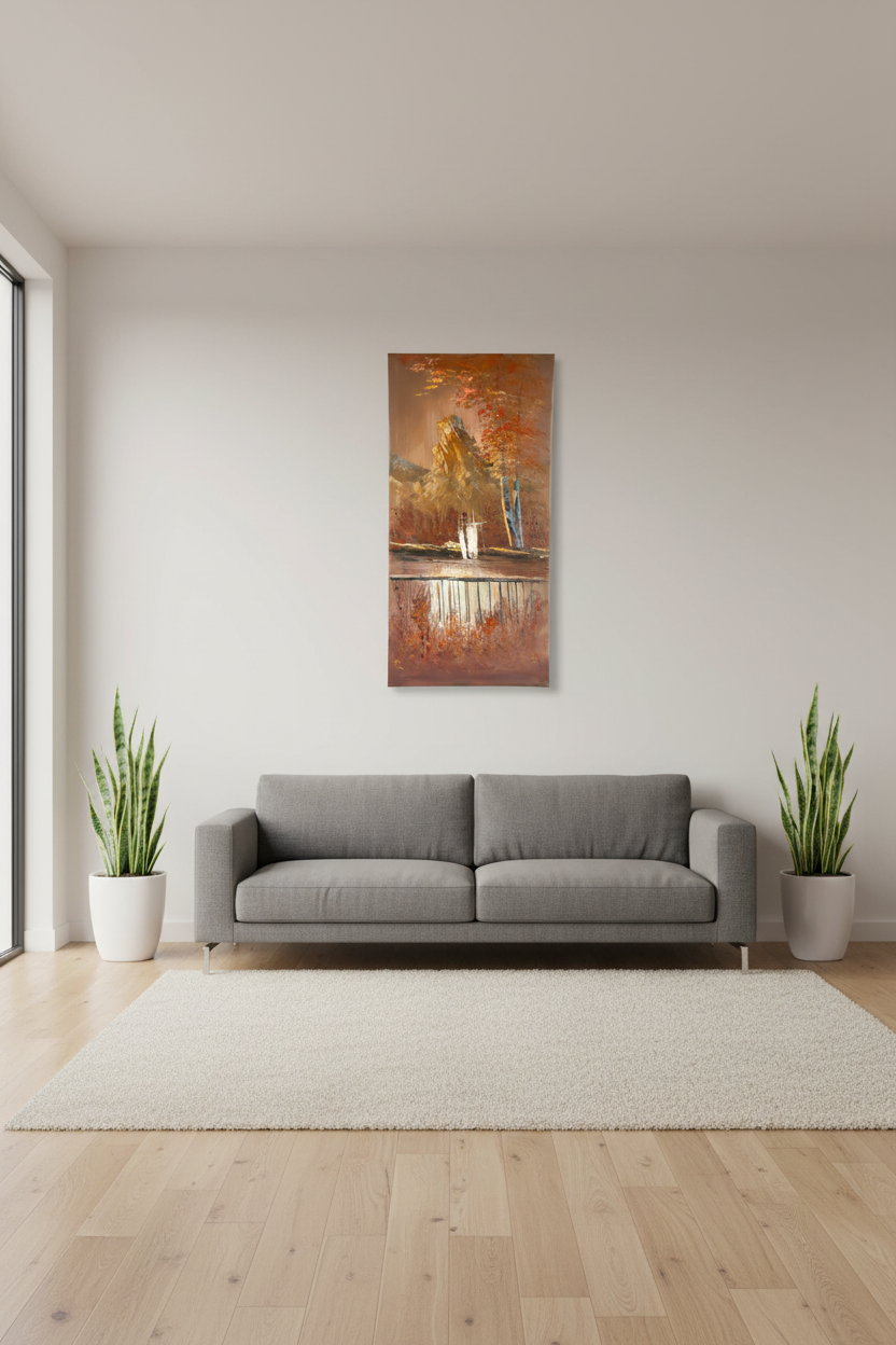 Autumn Reflections oil painting on empty living room wall, no frame