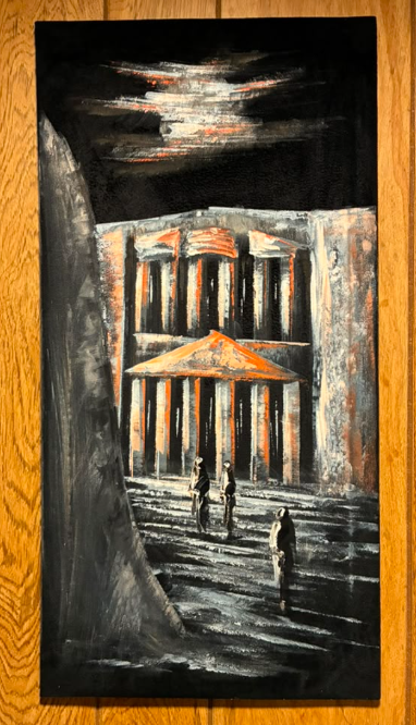 Petra at Night — Original Oil Painting on Velvet| 11.81" × 23.62"