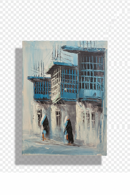 Blue balconies old town street oil painting with transparent background and soft drop shadow – no frame