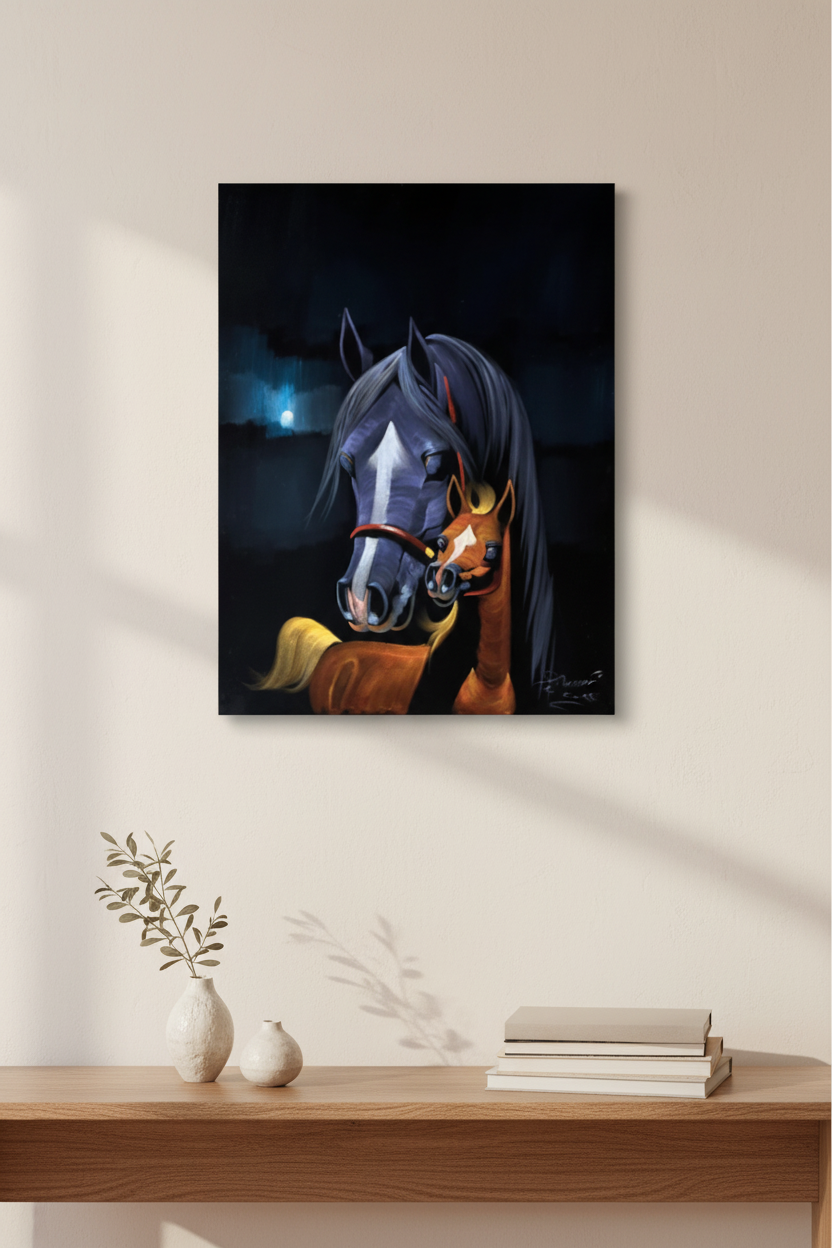 Arabian horses canvas displayed above a wooden console stand in a warm modern interior