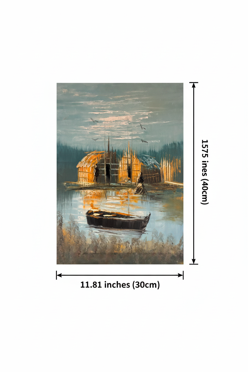 Dimension diagram: twin reed huts marshland oil painting 11.81 inches wide by 15.75 inches tall on white background