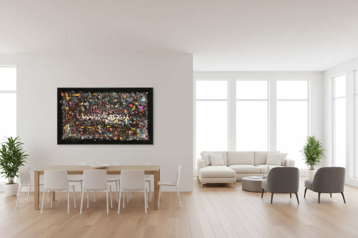 Islamic calligraphy abstract canvas wall art displayed in open dining and sitting area