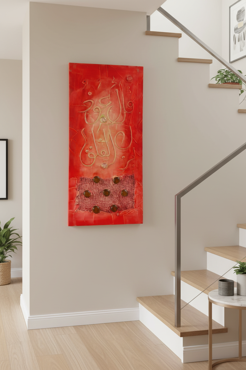 Islamic calligraphy crimson red canvas on staircase wall