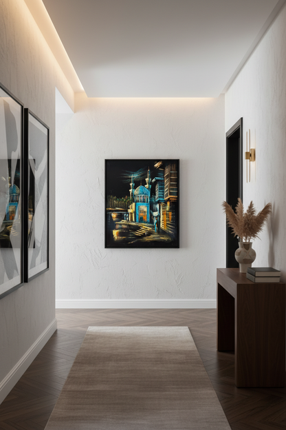 Islamic mosque night scene canvas art staged in a stylish home hallway