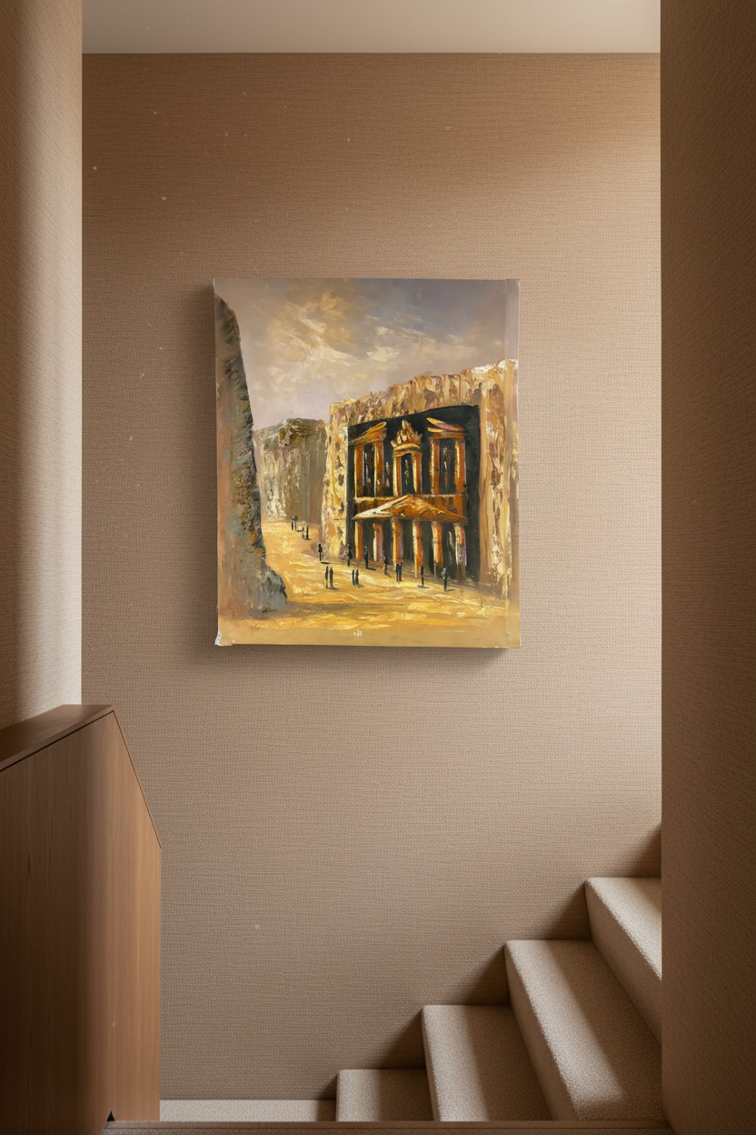 Treasury of Petra oil painting hung on luxury home staircase wall, no frame, lifestyle interior display