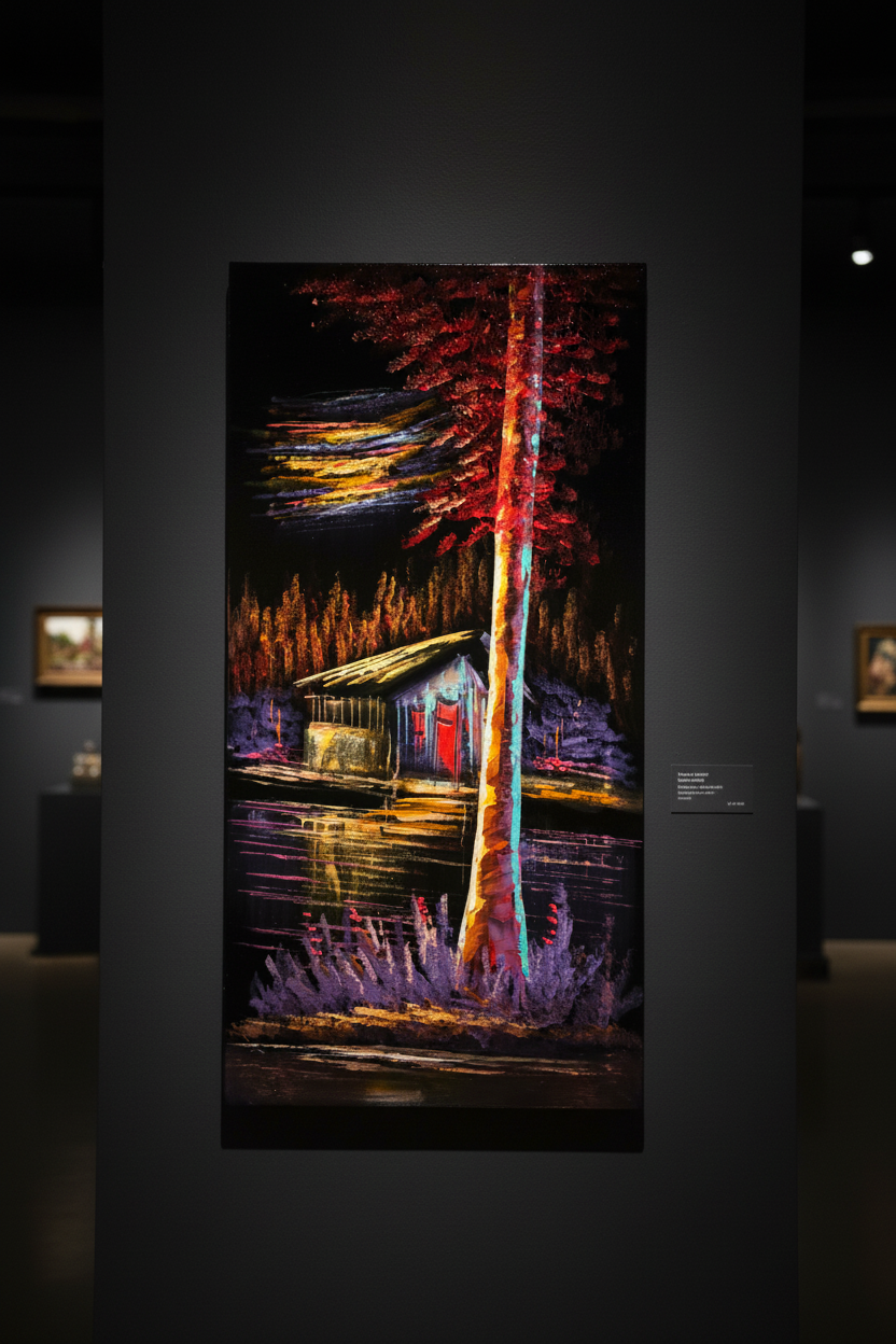 Original acrylic night landscape painting displayed unframed in a dark moody gallery setting
