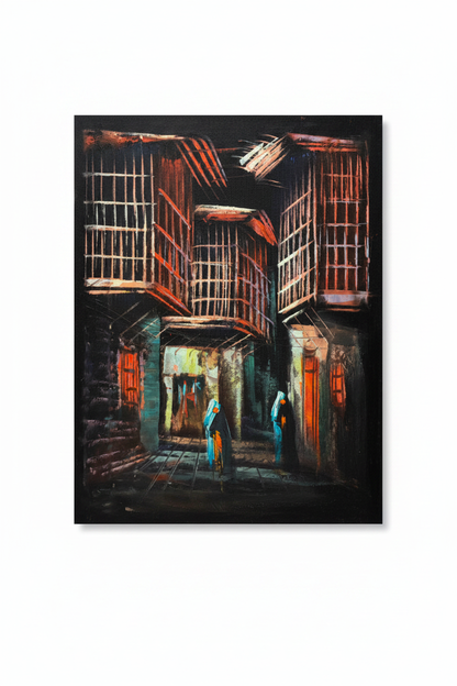 Two Figures in the Old Quarter oil painting isolated on pure white background — clean studio product shot, no frame, portrait canvas