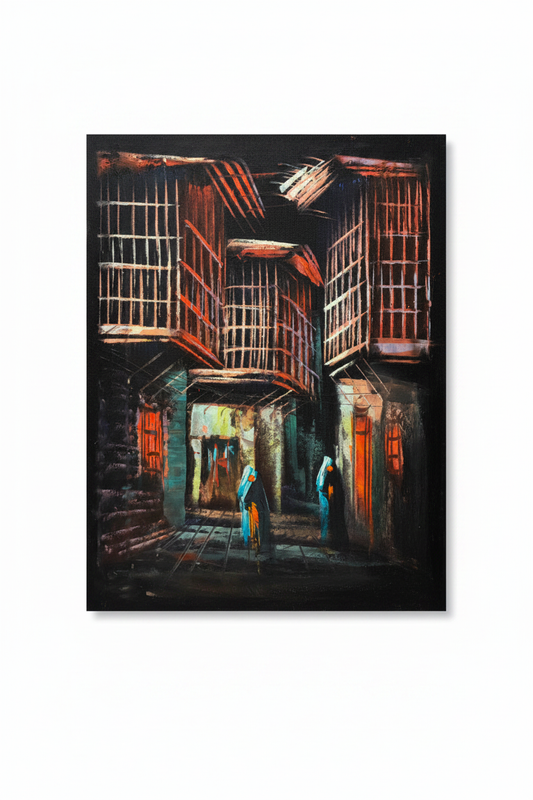 Two Figures in the Old Quarter oil painting isolated on pure white background — clean studio product shot, no frame, portrait canvas