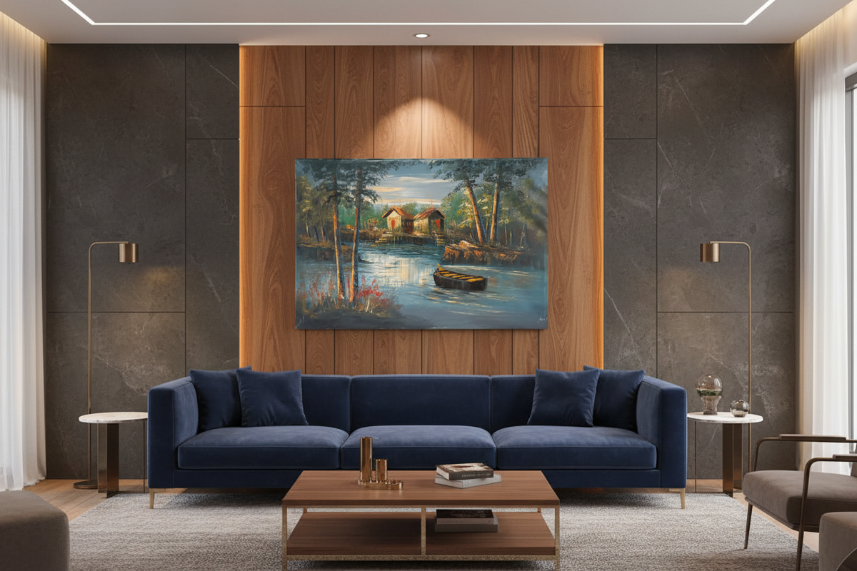 Original twilight lakeside cabin oil painting hung unframed on dark charcoal feature wall in a sophisticated modern leaving room at correct scale 35.43 by 23.62 inches