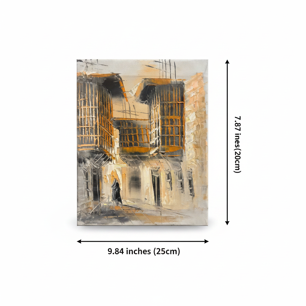 Dimension diagram: golden balconies old town oil painting 9.84 inches wide by 7.87 inches tall on white background