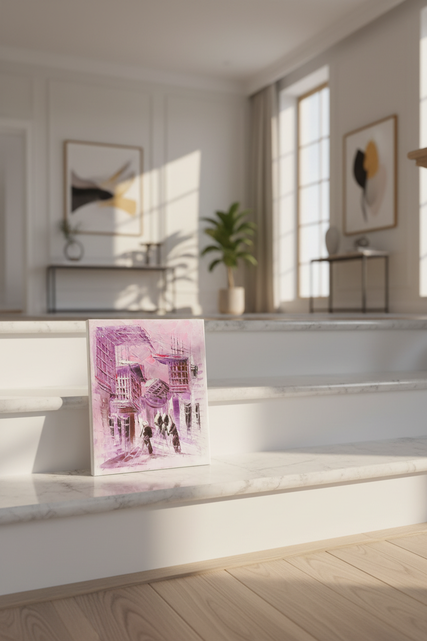 Original purple shanasheel impasto oil painting leaning on marble staircase step in luxury home interior