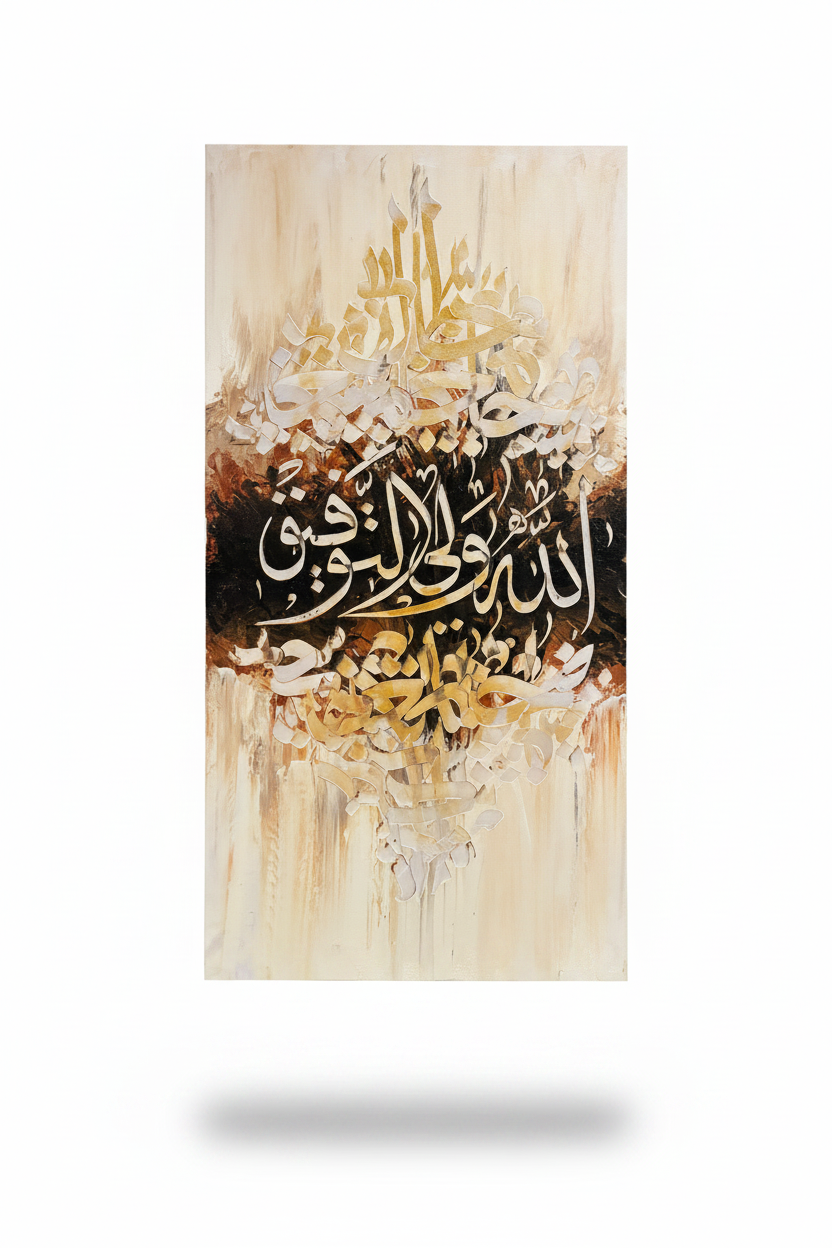 Allahu Waliyyul Tawfiq Islamic calligraphy canvas art – solo product shot with drop shadow, white and clear background, no frame