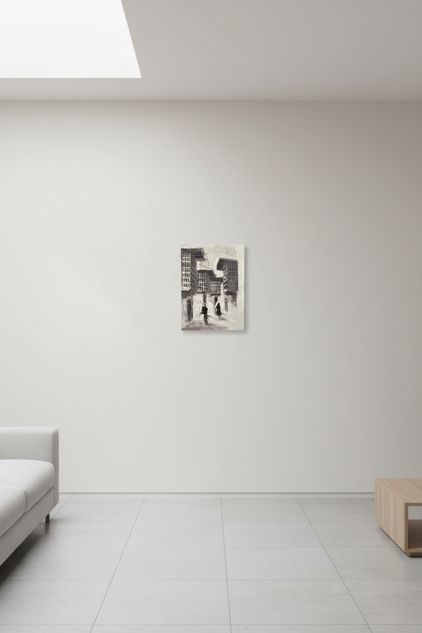 B&W narrow alleyway oil painting hung on empty wall – frameless display
