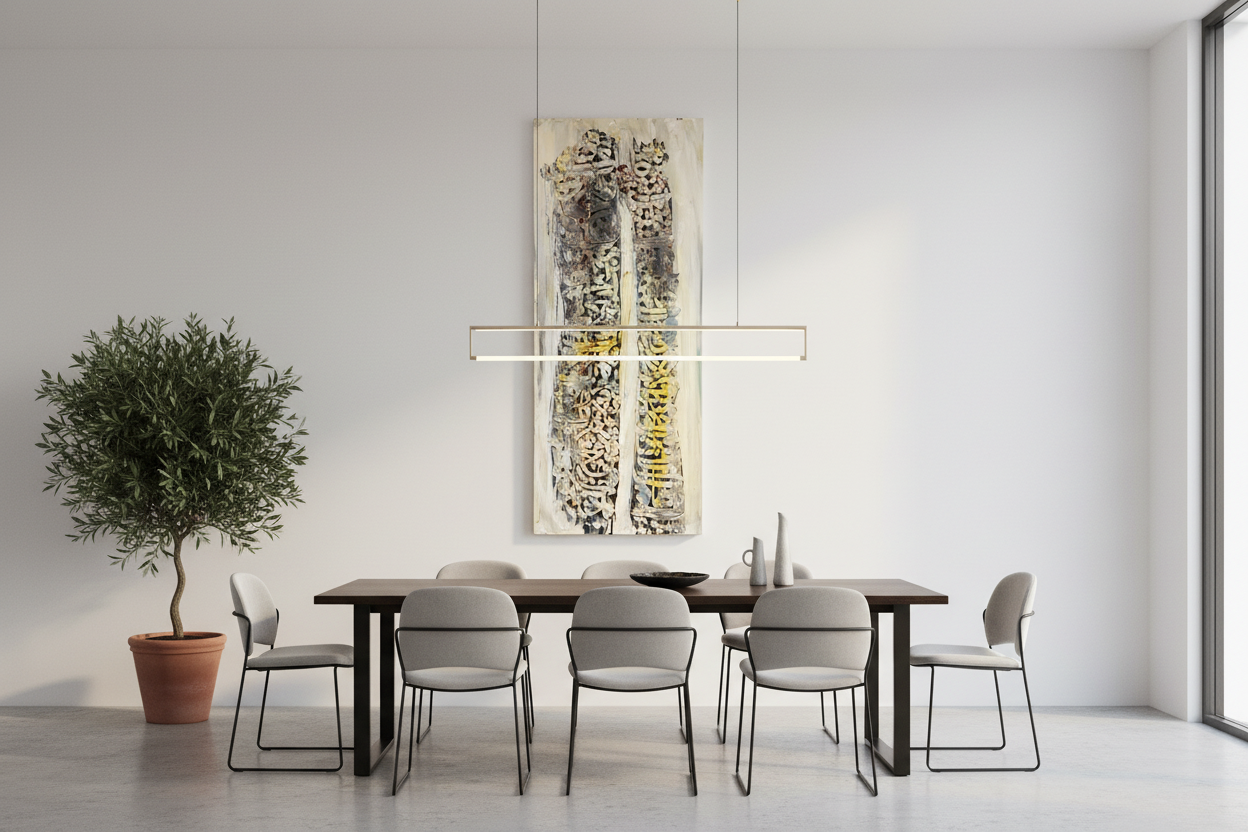 Arabic calligraphy dual column canvas wall art in a spacious open area showing scale, no frame