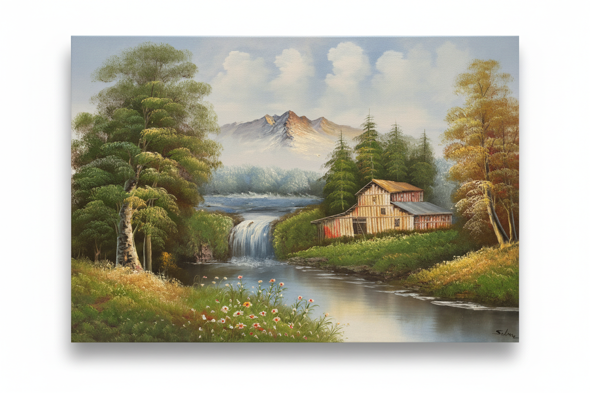 Original countryside mill waterfall oil painting isolated on white background with natural drop shadow, unframed canvas 35.43 by 23.62 inches