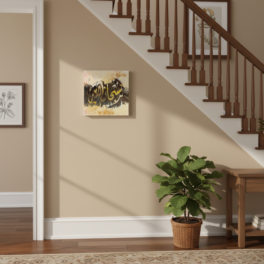 SubhanAllah calligraphy canvas hung on a staircase wall