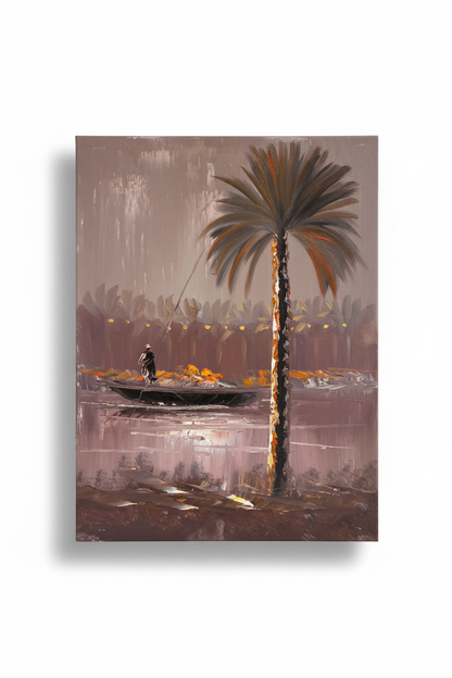 Fisherman river dusk oil painting isolated with shadow, no background