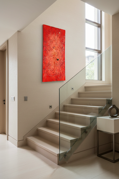 Islamic calligraphy scarlet red canvas on staircase wall