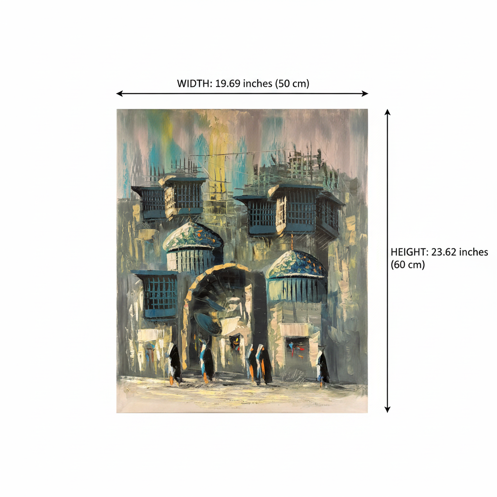 Dimension diagram showing 19.69 inches wide by 23.62 inches tall (50cm × 60cm) for historic city gate teal domes oil painting