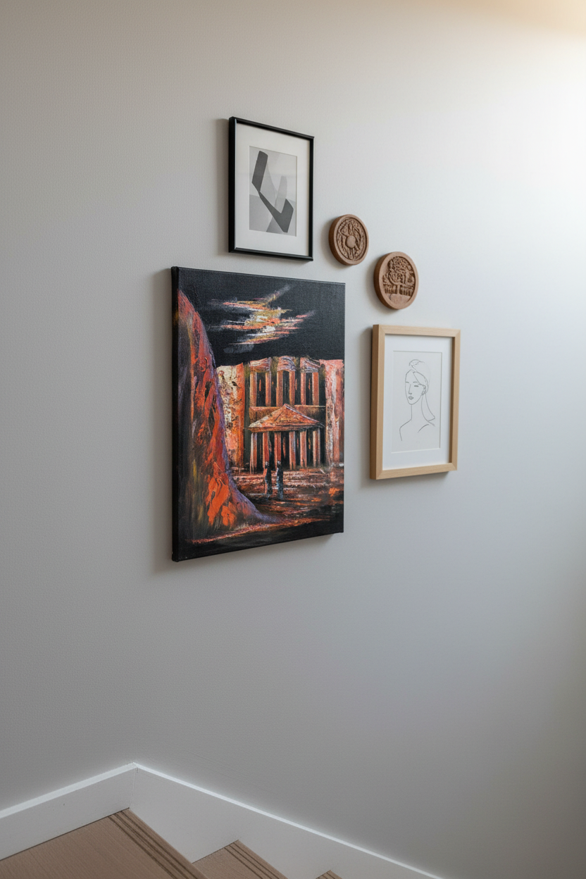 Petra Treasury crimson copper night canvas art displayed on staircase gallery wall in modern home lifestyle photo