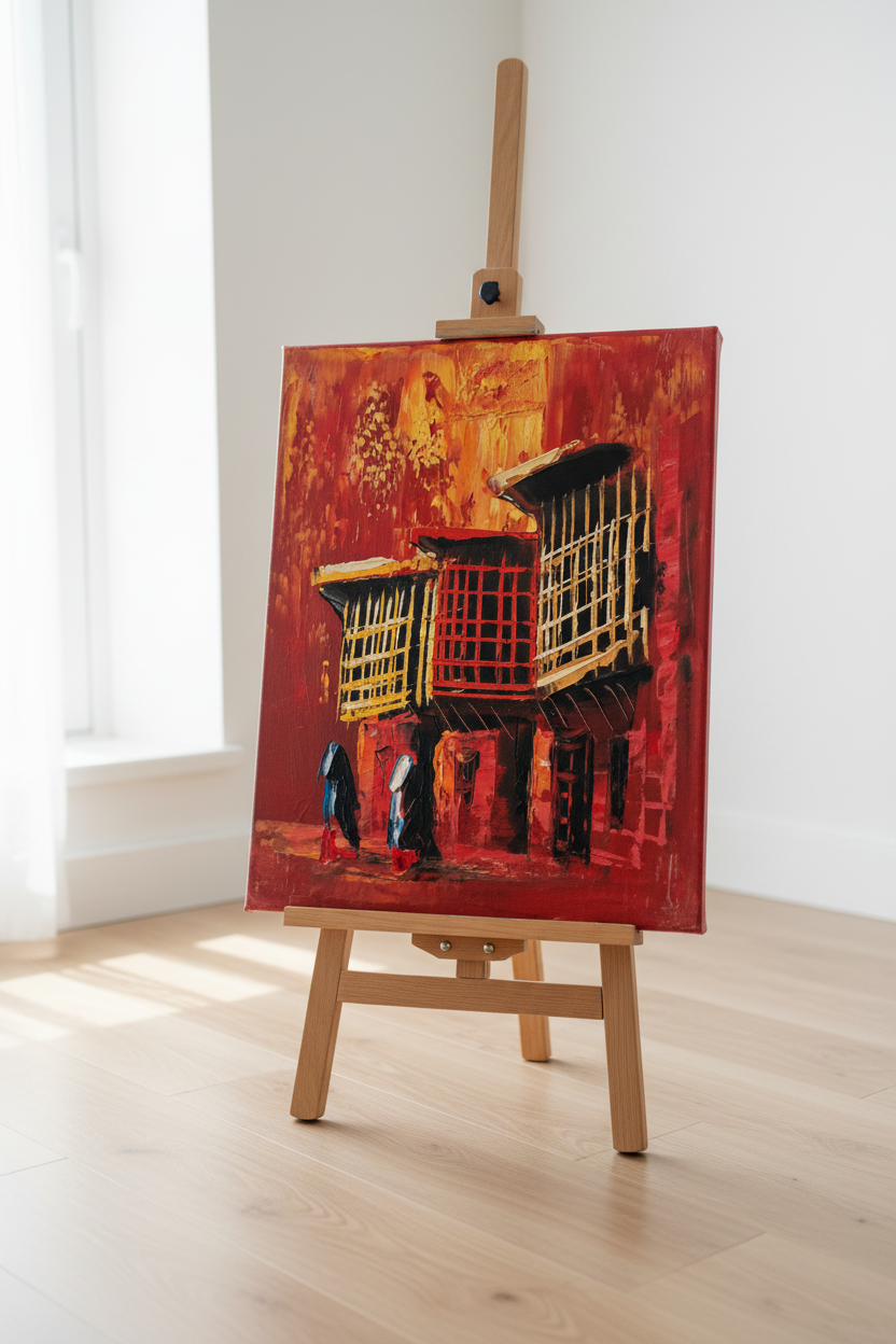 Original red shanasheel building oil painting displayed on wooden easel stand in bright modern interior