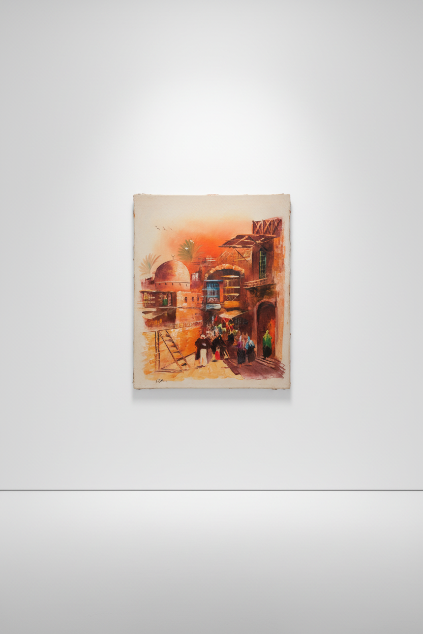 Old city street dome oil painting hung on clean empty white gallery wall, no frame, soft directional spotlight shadow