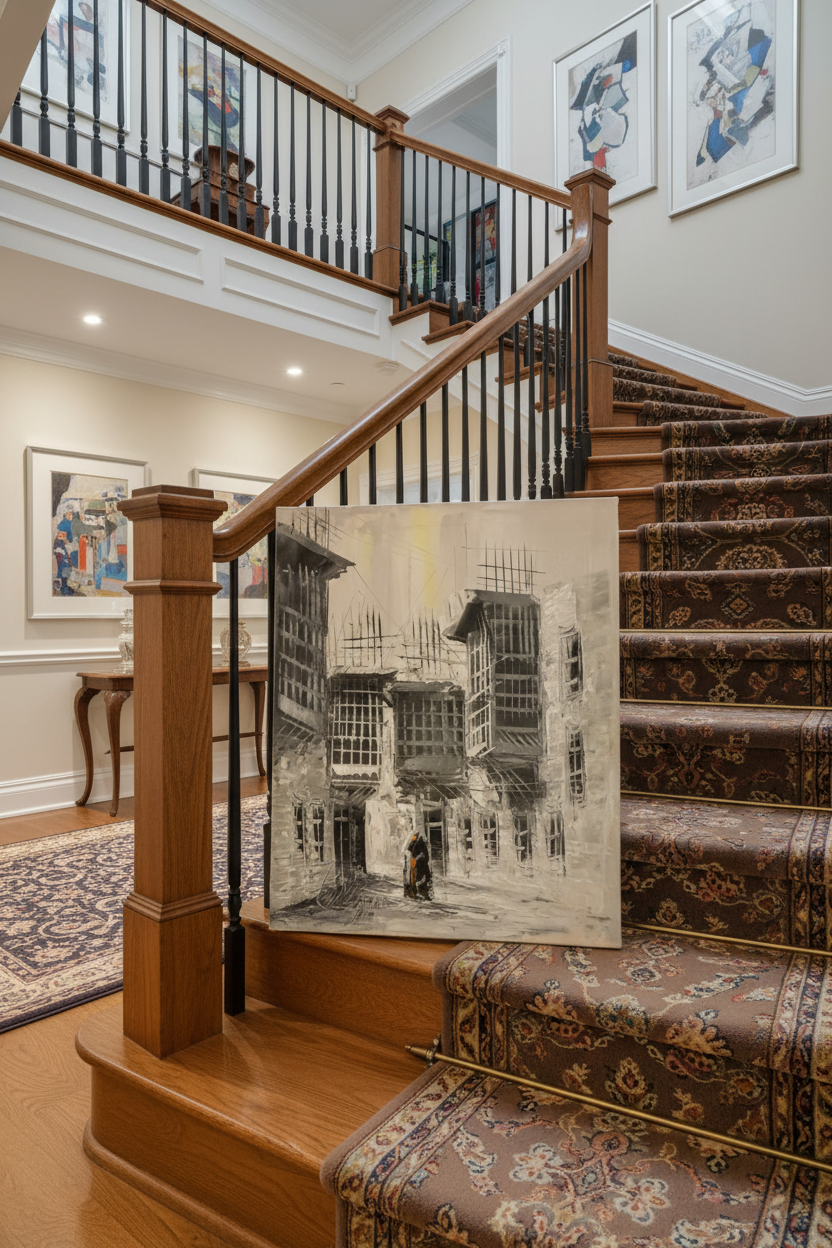 B&W old town lane oil painting staged on luxury staircase ledge – no frame