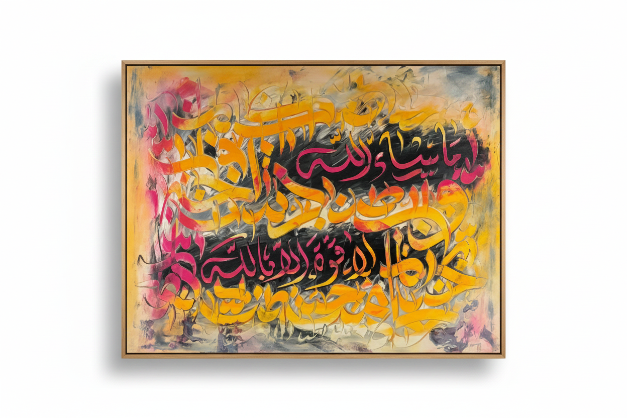 Arabic calligraphy canvas art on white background with shadow – product shot
