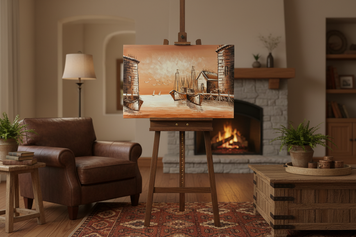 Original harbor dock oil painting displayed on a wooden easel stand in a warm rustic traditional living room, unframed