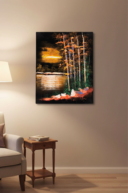 Golden sunset lakeside forest birch tree canvas art displayed in small cozy room lifestyle photo
