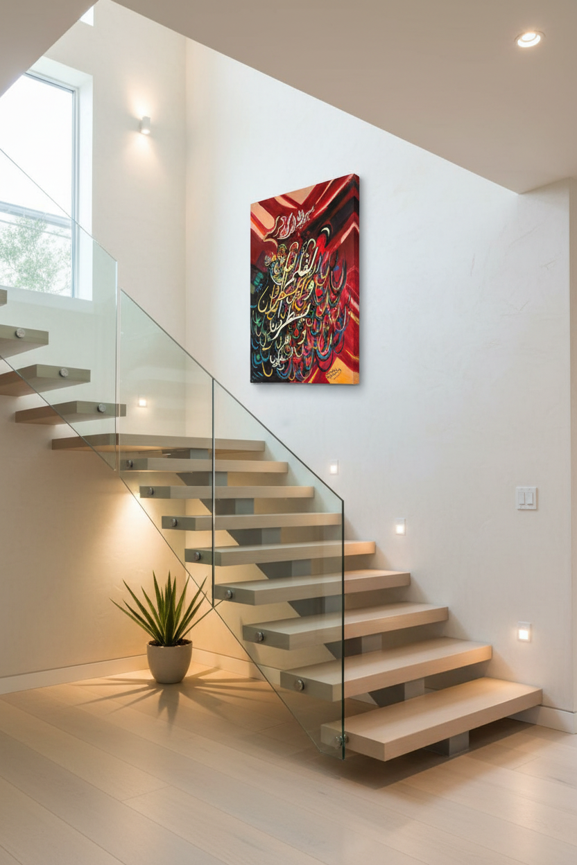 Crimson rays Islamic calligraphy canvas mounted on staircase wall in elegant home interior