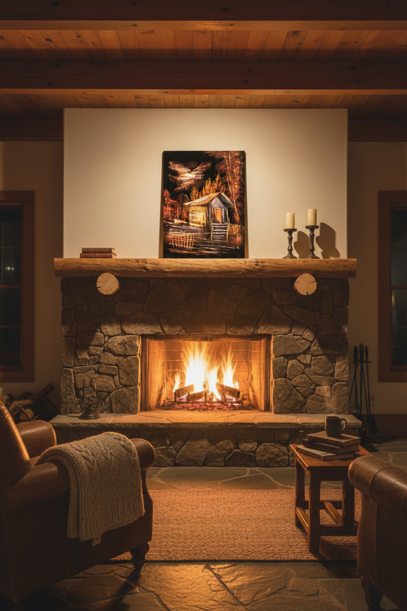 Rustic woodland cabin night canvas art propped on mantelpiece in cozy cabin living room with firelight lifestyle photo