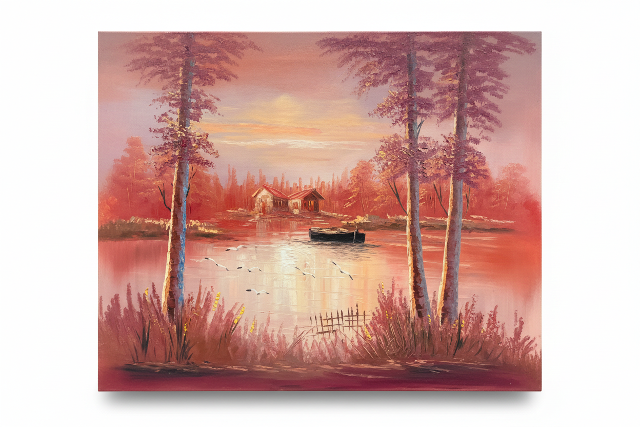 Original crimson autumn lake oil painting isolated on white background with soft drop shadow — clean product shot