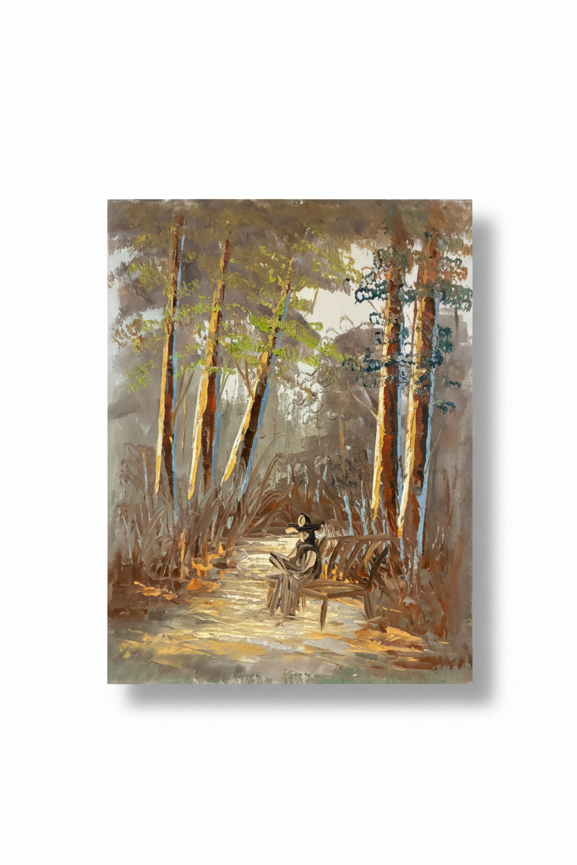 Sunlit forest path oil painting isolated with shadow, no background