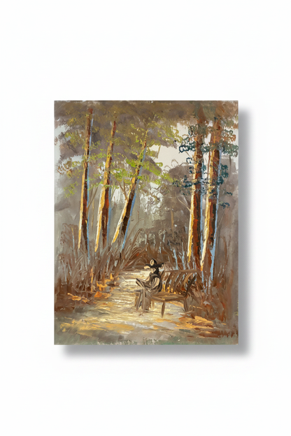 Sunlit forest path oil painting isolated with shadow, no background