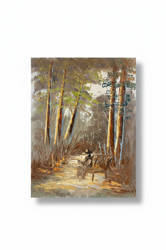 Sunlit forest path oil painting isolated with shadow, no background