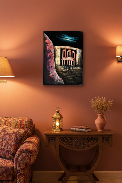 Petra canyon night canvas art hung on terracotta desert rose accent wall in elegant Middle Eastern inspired living room lifestyle photo