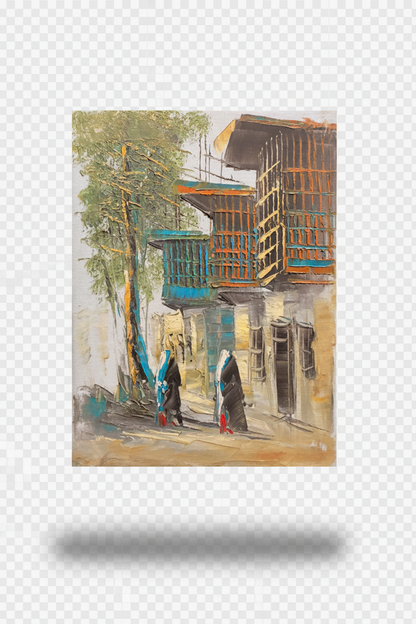 Old town street scene oil painting with transparent background and soft drop shadow – no frame