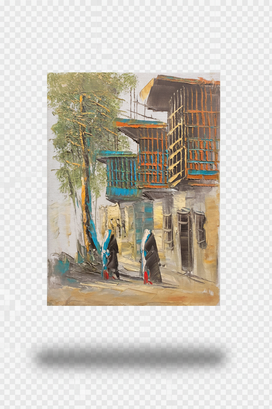 Old town street scene oil painting with transparent background and soft drop shadow – no frame