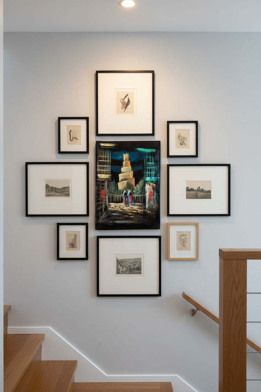 Malwiya spiral minaret Samarra canvas art displayed on staircase gallery wall in modern home lifestyle photo