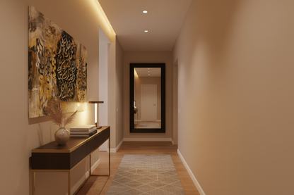 Surah Al-Ikhlas gold silver calligraphy canvas displayed in a modern hallway, no frame