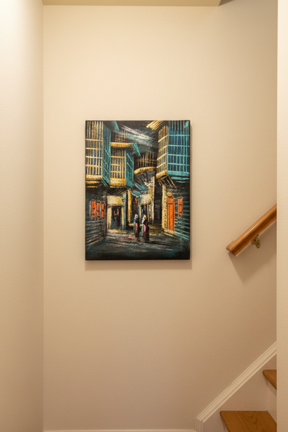 Teal & Gold Alleyway at Night oil painting on cream white wall in intimate hallway near staircase — no frame, lifestyle interior staging