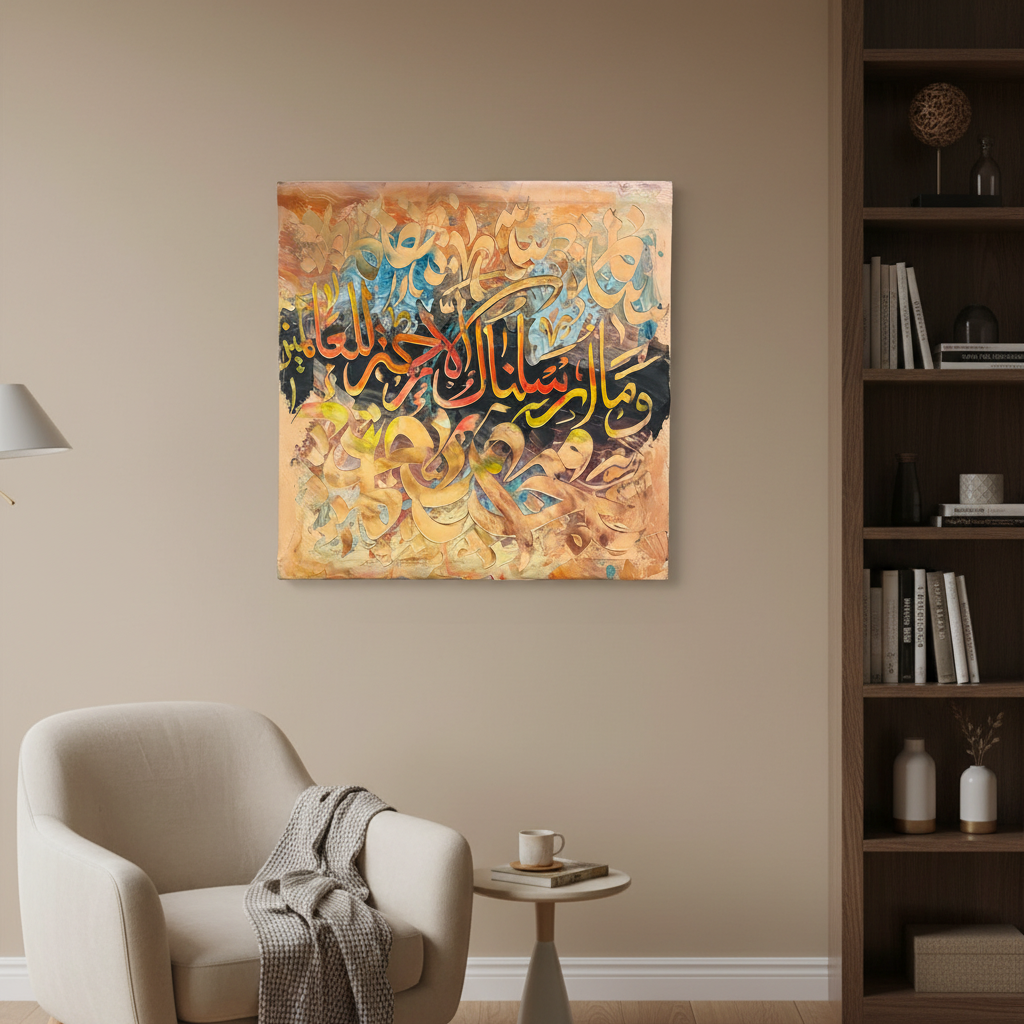 Quranic verse gold teal copper amber square canvas art displayed in a cozy living room corner, no frame