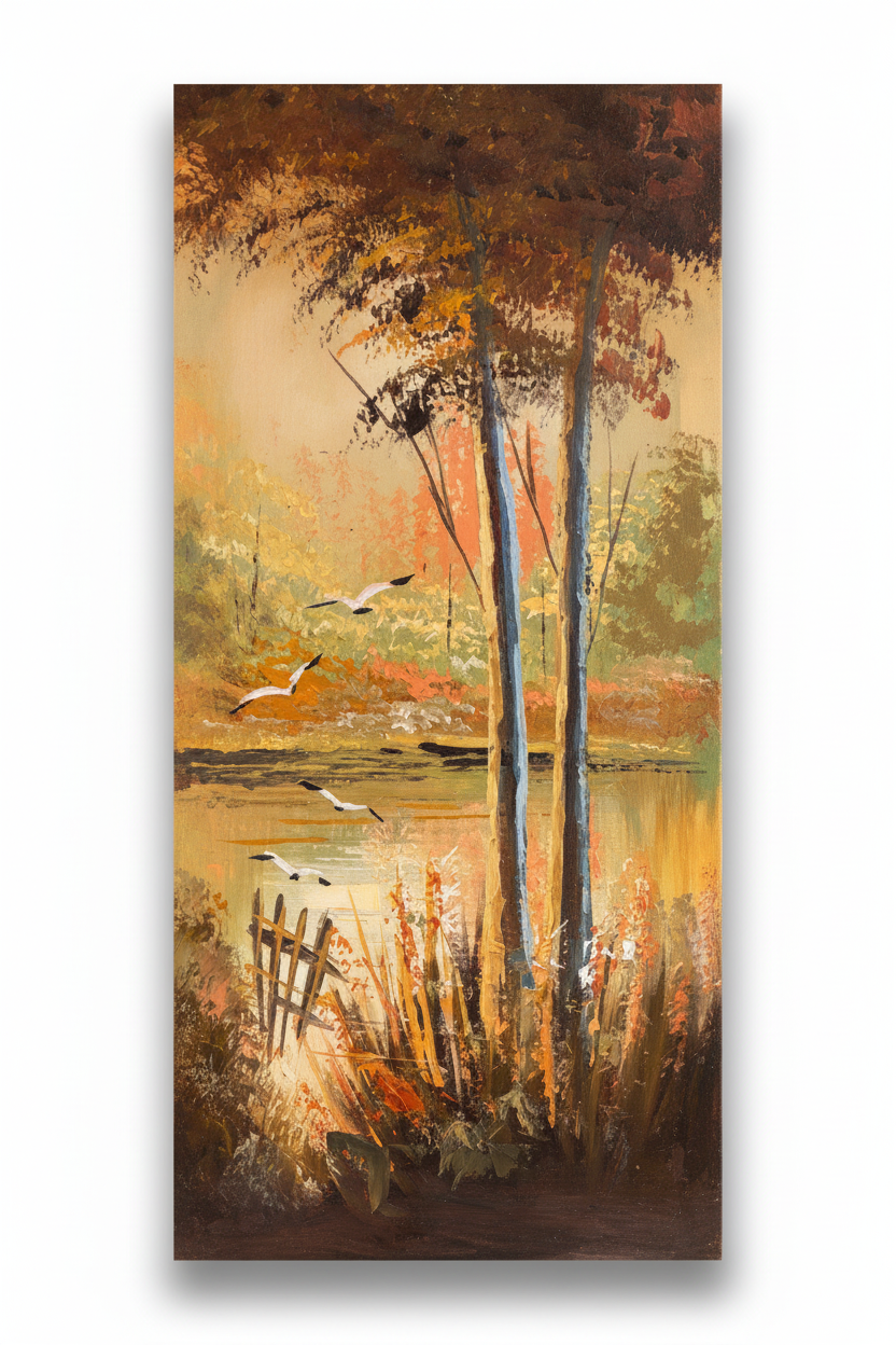 Original autumn lakeside oil painting isolated on white background with soft drop shadow, no frame