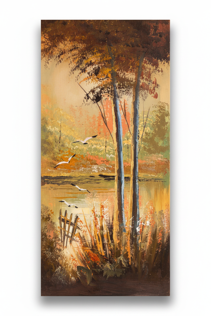 Original autumn lakeside oil painting isolated on white background with soft drop shadow, no frame