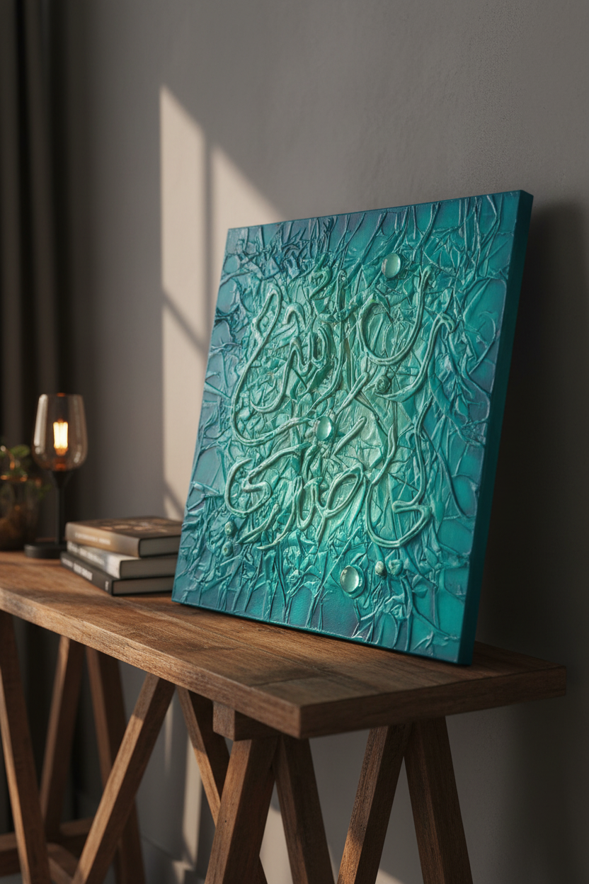 Islamic calligraphy teal turquoise wall art displayed on wooden console stand