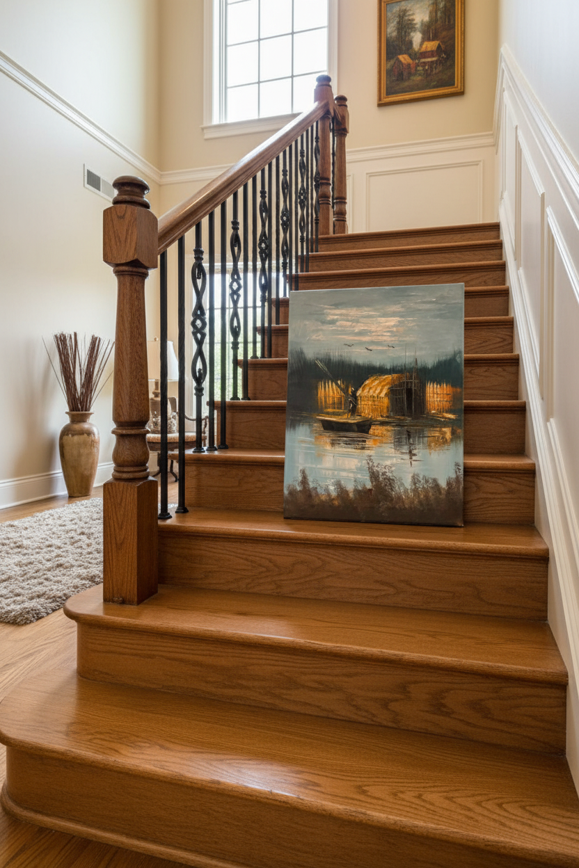 Marshland fisherman and reed hut oil painting staged on luxury staircase ledge – no frame
