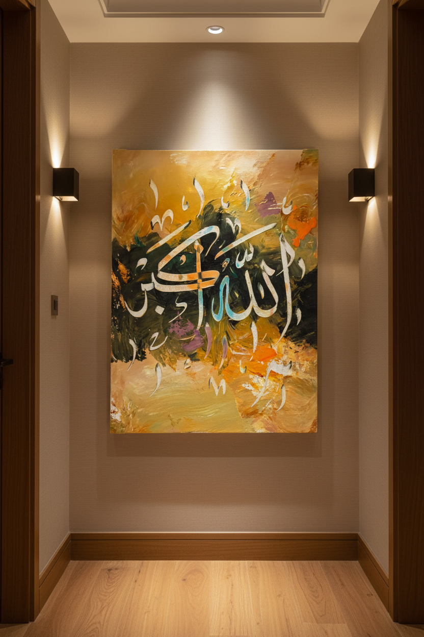 Allahu Akbar Arabic calligraphy canvas art hanging in an elegant hallway with warm wood flooring, portrait 3:4 ratio, no frame gallery wrap, luxury home interior