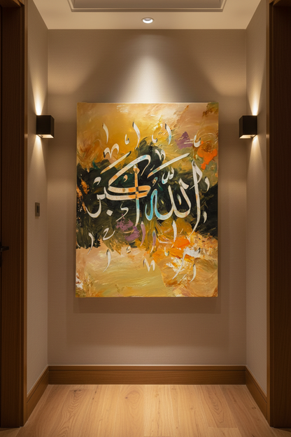 Allahu Akbar Arabic calligraphy canvas art hanging in an elegant hallway with warm wood flooring, portrait 3:4 ratio, no frame gallery wrap, luxury home interior
